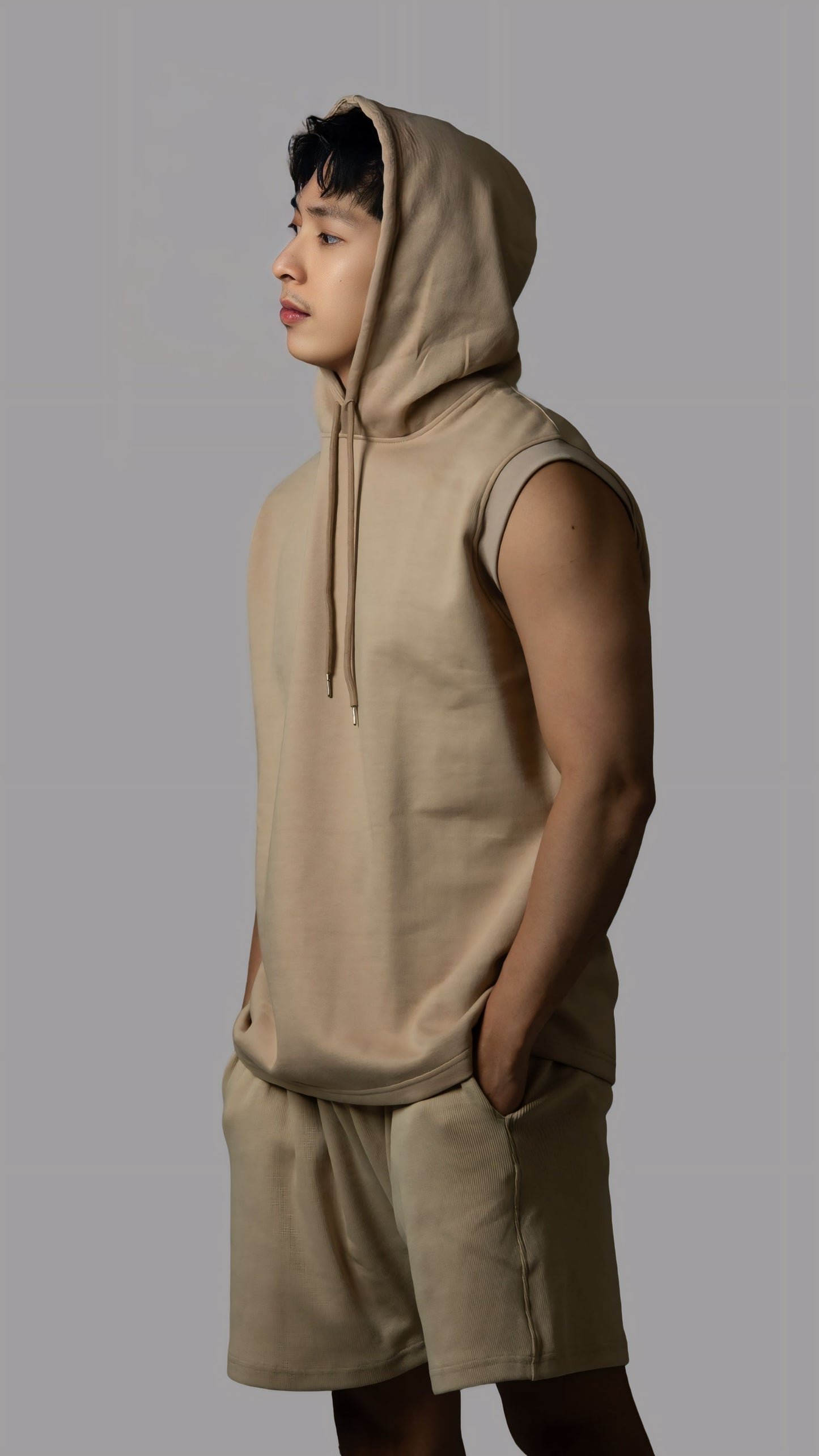 Dubai Edition Men's Beige Coords: Tank Top Sleeveless Hoodie & Shorts Set