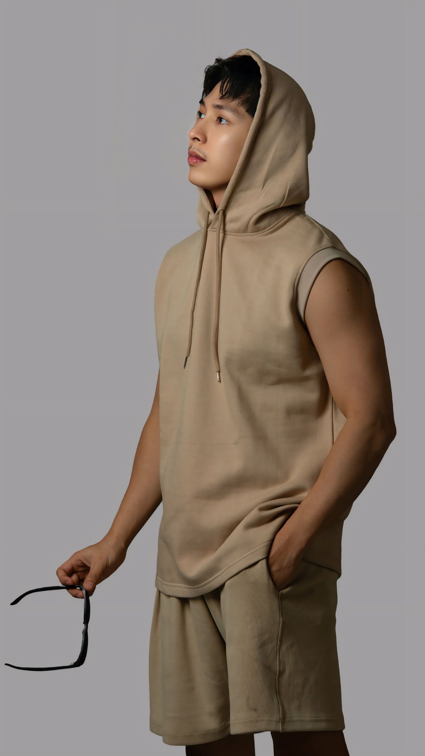 Dubai Edition Men's Beige Coords: Tank Top Sleeveless Hoodie & Shorts Set