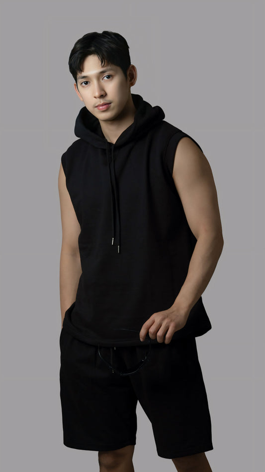 Dubai Edition Men's Black Co Ords: Tank Top Sleeveless Hoodie & Shorts Set