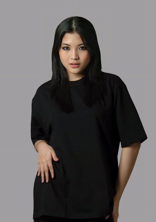 Premium Black Plain Oversize T-Shirt in Dubai for women UAE Local Made - Easy tear-off label for rebranding