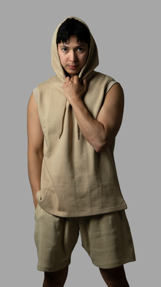 Dubai Edition Men's Beige Coords: Tank Top Sleeveless Hoodie & Shorts Set